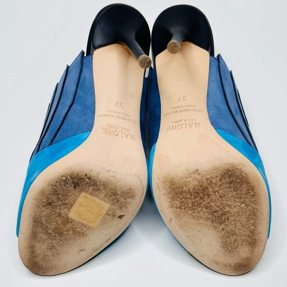 Malone Souliers Donna Fanned Blue Suede Colorblock Mules Heels Shoes Sandals - Picture 9 of 15